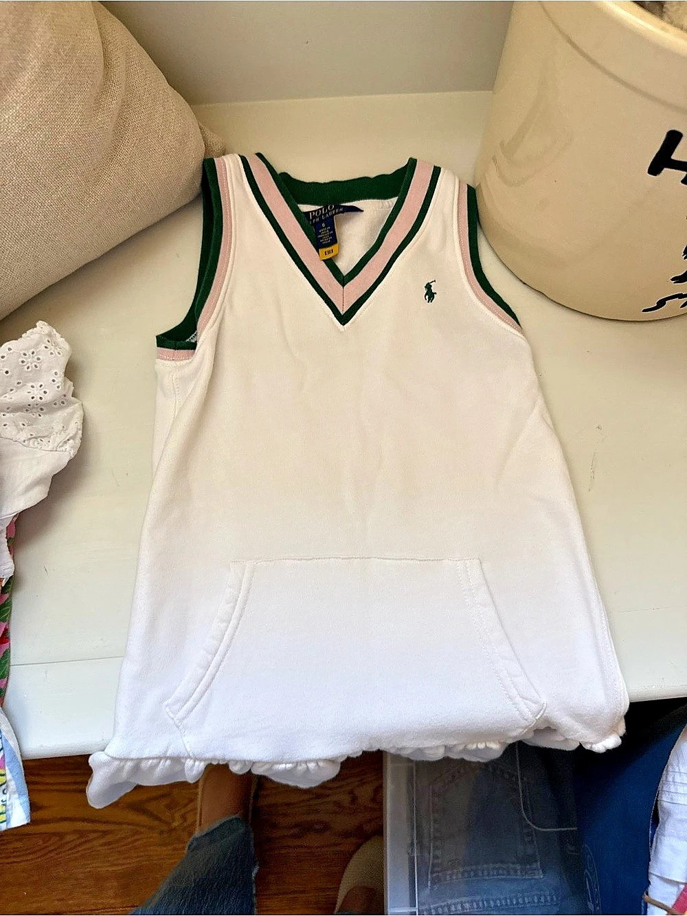 Ralph Lauren Girls' White & Green V-Neck tennis Dress